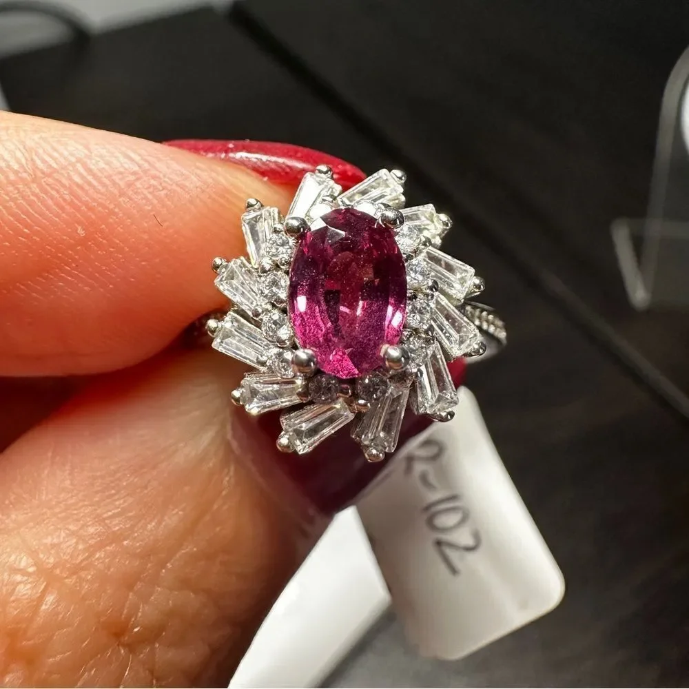 Genuine 1ct‎ rhodalite garnet, CZ diamonds all set in solid .925 ring!
